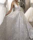 V-neck Backless Ivory Sparkly Sleeveless Floor-length Party Dress Prom Dresses |promnova.com