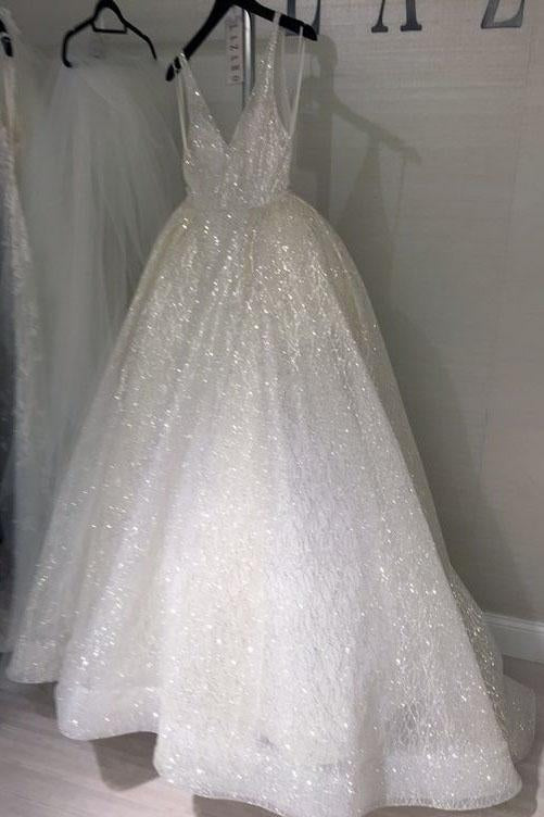 V-neck Backless Ivory Sparkly Sleeveless Floor-length Party Dress Prom Dresses US12 / As Picture
