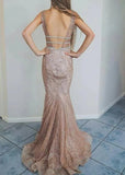  Cheap Mermaid Spaghetti Straps Backless Ivory Lace Long Prom Dresses |promnova.com
