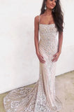  Cheap Mermaid Spaghetti Straps Backless Ivory Lace Long Prom Dresses |www.promnova.com
