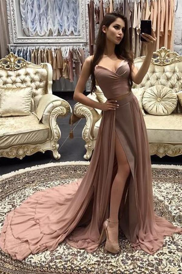 Chiffon Rose Gold Spaghetti Straps Cheap Long Evening Prom Dresses Party Dress|www.promnova.com