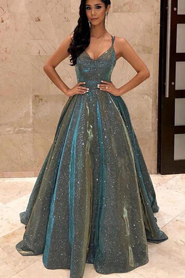 Green Sequins Sparkly Spaghetti Straps Backless Prom Dresses Party Dresses|www.promnova.com