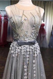 Grey Tulle Beads Round Neck 3D Flowers A Line Long Prom Dresses with Belt PL388|www.promnova.com