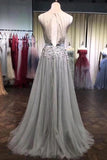 Grey Tulle Beads Round Neck 3D Flowers A Line Long Prom Dresses with Belt |promnova.com