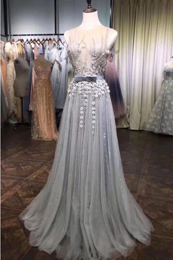 Grey Tulle Beads Round Neck 3D Flowers A Line Long Prom Dresses with Belt |www.promnova.com