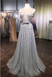 Grey Tulle Beads Round Neck 3D Flowers A Line Long Prom Dresses with Belt |www.promnova.com