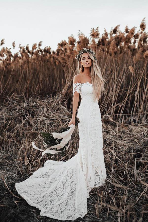 Beautiful Ivory Lace Mermaid Off-the-Shoulder Beach Wedding Dresses PW –  Promnova