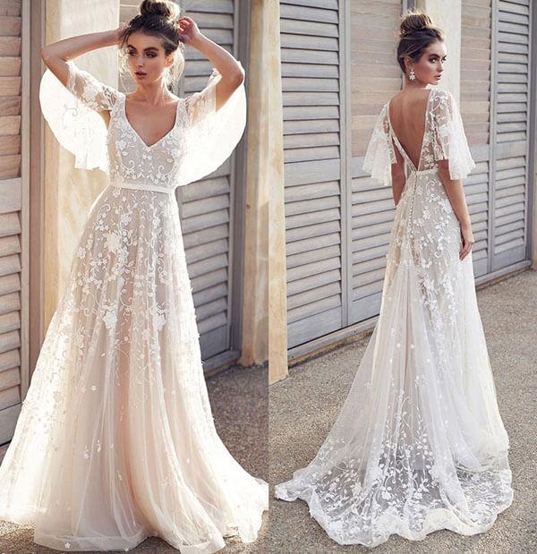 Romantic Ivory Flower Appliques Lace Wedding Dresses, Bridal Dresses PW267