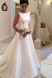 White Satin A Line Backless Wedding Dresses with Sweep Train, PW139