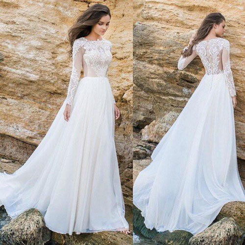 Gorgeous Lace Chiffon A-line Simple Long Sleeves Beach Wedding Dresses|promnova.com