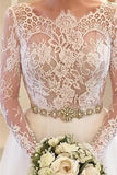 White Beading Lace Backless A-line Long Sleeves Wedding Dresses With Court Train|www.promnova.com