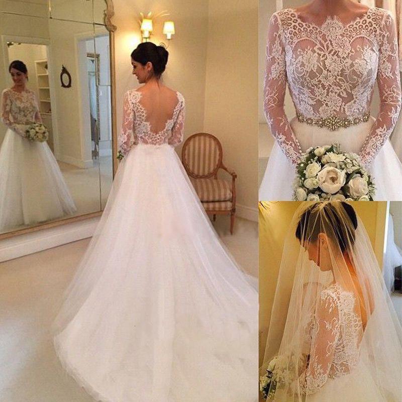 White Beading Lace Backless A-line Long Sleeves Wedding Dresses With Court Train PW237|promnova.com