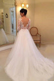 White Beading Lace Backless A-line Long Sleeves Wedding Dresses With Court Train |promnova.com