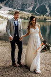 Simple White Chiffon A-line Spaghetti Straps Beach Lace Wedding Dresses PW238