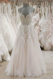 Strap V Neck Sleeveless Tulle Beach Backless Ivory Wedding Dresses |www.promnova.com