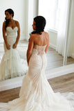 Ruched with Sweep Train Sweetheart Backless Mermaid Tiered Lace Wedding Dress PW240