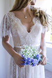 Romantic A-line Open Back V Neck White Lace Long Wedding Dresses PW241|promnova.com
