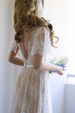 Romantic A-line Open Back V Neck White Lace Long Wedding Dresses PW241 |www.promnova.com