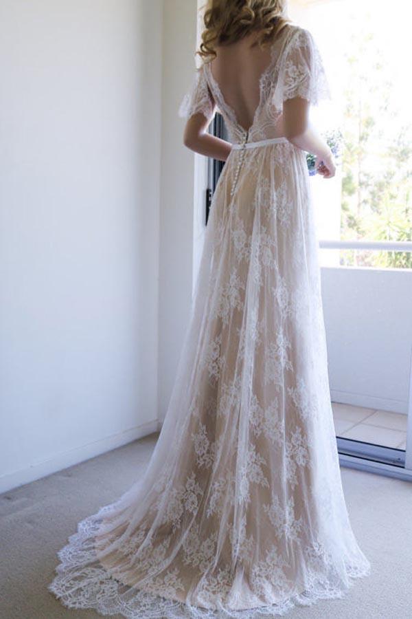 Romantic A-line White Lace Long Wedding Dress with Open Back US8 / White Romantic A-line White Lace Long Wedding Dress with Open Back US8 / White