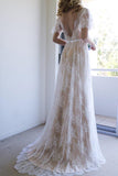 Romantic A-line Open Back V Neck White Lace Long Wedding Dresses PW241