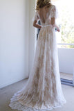 Romantic A-line Open Back V Neck White Lace Long Wedding Dresses |www.promnova.com