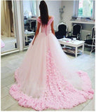 Pink Off shoulder Ball Gown Tulle Flowers Wedding Dresses Quinceanera Dresses PW243 |promnova.com