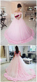 Pink Off shoulder Ball Gown Tulle Flowers Wedding Dresses Quinceanera Dresses PW243 |www.promnova.com