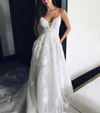 Tulle Backless Deep V neck Lace Sleeveless Spaghetti Straps Beach Wedding Dress PW244 |promnova.com