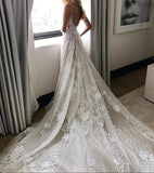 Tulle Backless Deep V neck Lace Sleeveless Spaghetti Straps Beach Wedding Dress |www.promnova.com