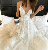 Tulle Backless Deep V neck Lace Sleeveless Spaghetti Straps Beach Wedding Dress PW244