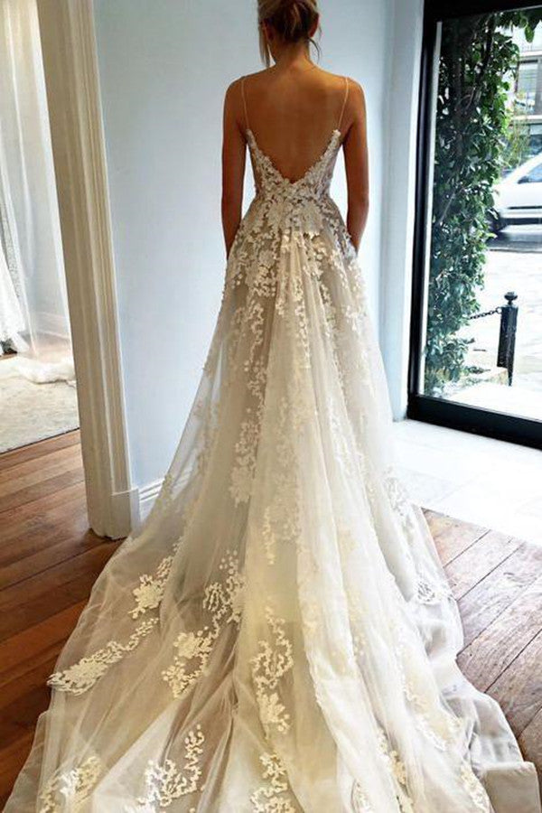 Tulle Backless Deep V neck Lace Sleeveless Spaghetti Straps Beach Wedding Dress |www.promnova.com