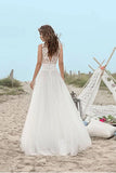 A-Line Lace Floor-Length V-Neck Open Back Boho Sleeveless Tulle Beach Wedding Dress |promnova.com