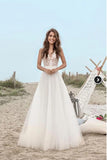 A-Line Lace Floor-Length V-Neck Open Back Boho Sleeveless Tulle Beach Wedding Dress |www.promnova.com